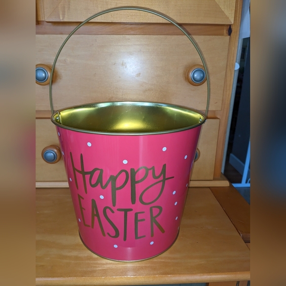 Metal Easter Pail Bucket Basket Polka Dots Swing Handle Egg Hunt Deep - Picture 2 of 4